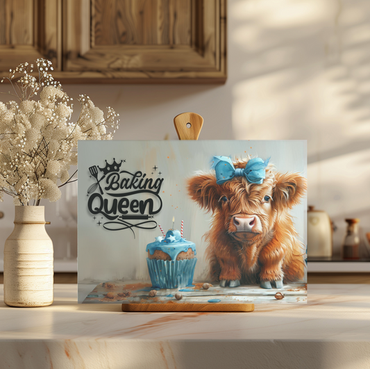 Highland Cow Baking Queen Tempered Glass Cutting Board