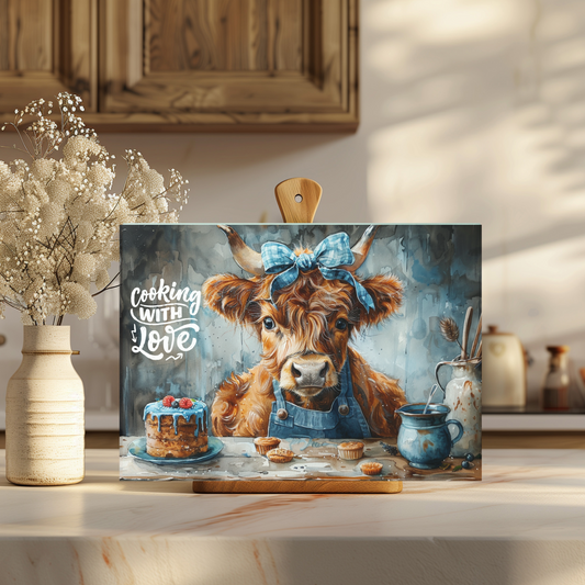 Cooking with Love Highland Cow Tempered Glass Cutting Board
